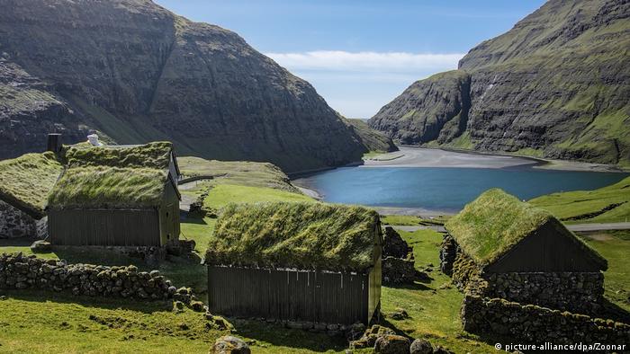 Houses with grass roofs in Saksun village on the Faroe Islands
