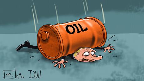 Владимир Путин под падающим бочонком нефти - карикатура Сергея Елкина
