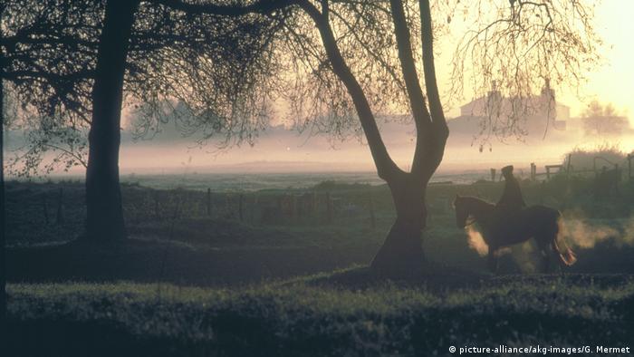 Misty meadow with horseman, Gascony, France (picture-alliance/akg-images/G. Mermet)
