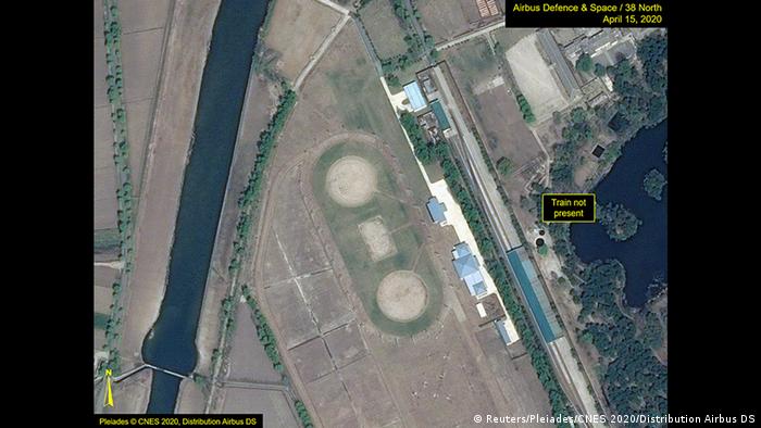What is described by Washington-based North Korea monitoring project 38 North as a leadership train station servicing North Korean leader Kim Jong Un's Wonsan complex is seen in a satellite image with graphics taken over Wonsan (Reuters/Pleiades/CNES 2020/Distribution Airbus DS)