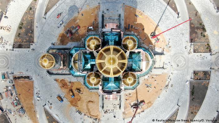 An aerial view shows a new Orthodox cathedral dedicated to the Russian Armed Forces during construction works outside Moscow