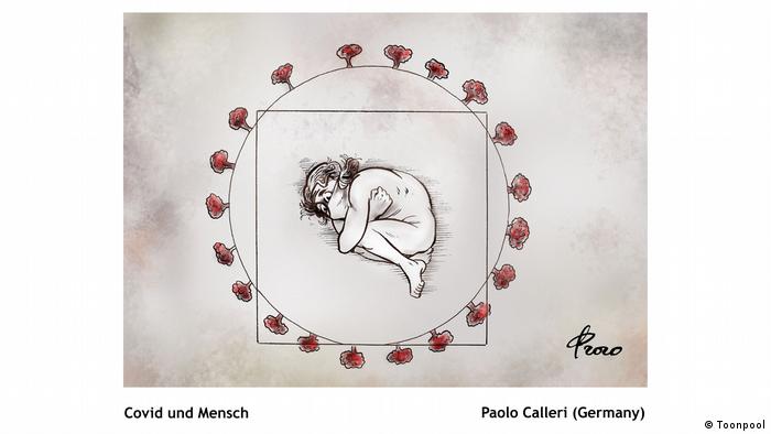 Cartoon mit dem Titel 'Covid und Mensch' (von Paolo Calleri aus Deutschland)