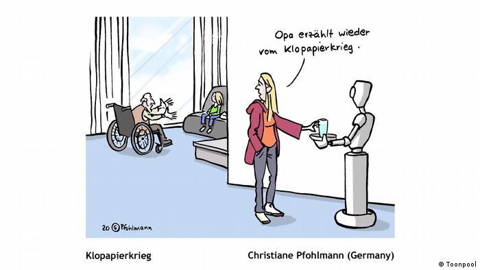 Cartoon mit dem Titel 'Klopapierkrieg' (von Christiane Pfohlmann aus Deutschland)