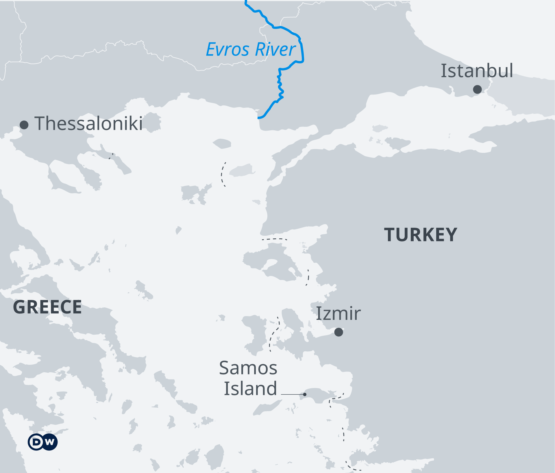 A map showing the border between Turkey and Greece