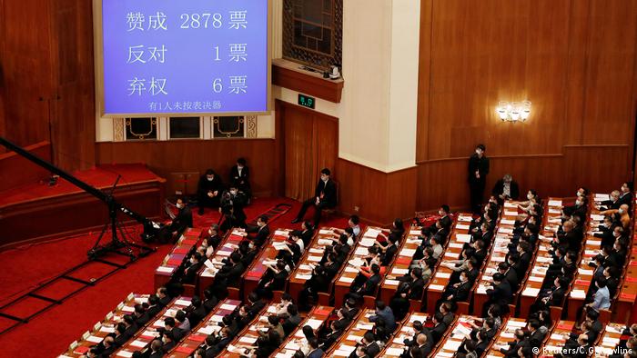 A screen shows the results of the vote on the national security legislation for Hong Kong in China's Great Hall of the People in Beijing