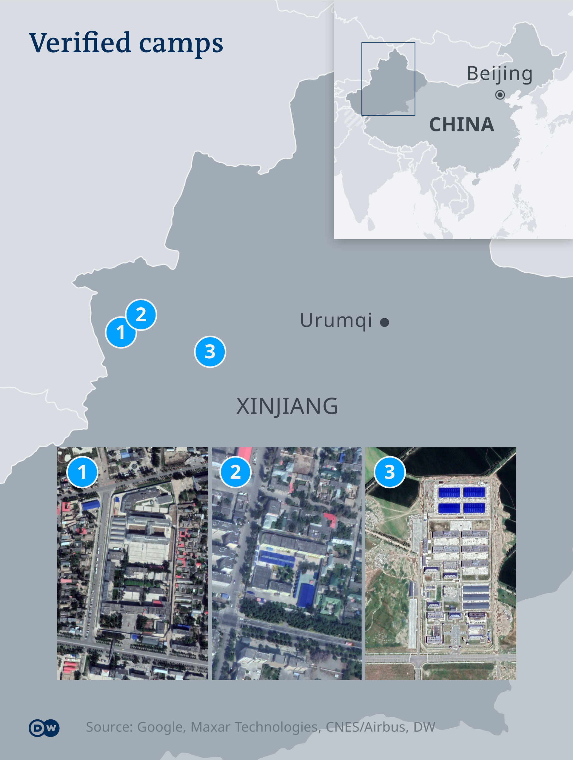DW infographic map of China's re-education centers for Uighurs in Xinjiang province