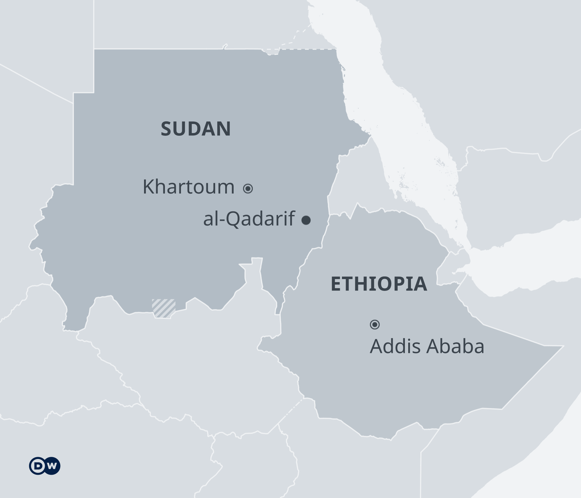 Map showing Sudan's al-Qadarif province next to Ethiopia's border.