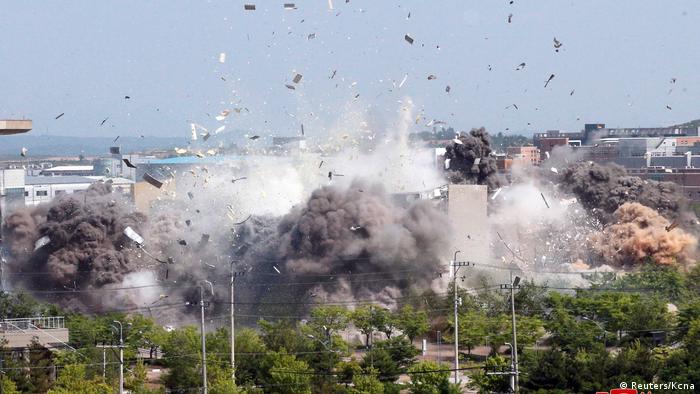 A view of an explosion of a joint liaison office with South Korea in border town Kaesong, North Korea in this picture supplied by North Korea's Korean Central News Agency (KCNA) on June 16, 2020. (Reuters/Kcna)