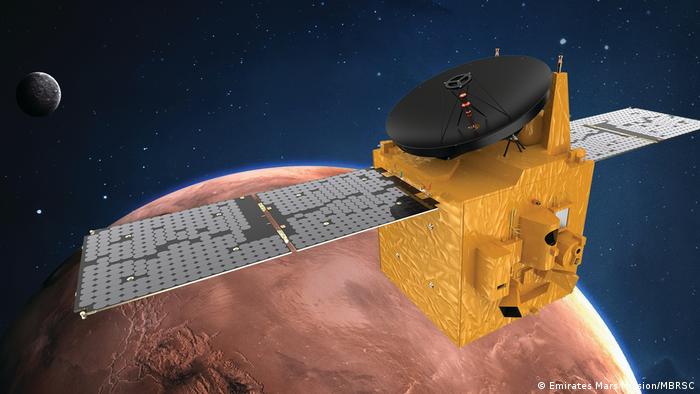 Simulação mostra a sonda orbitando Marte. A sonda é amarela, com uma antena parabólica petra em cima e abas prateadas, que parecem asas.