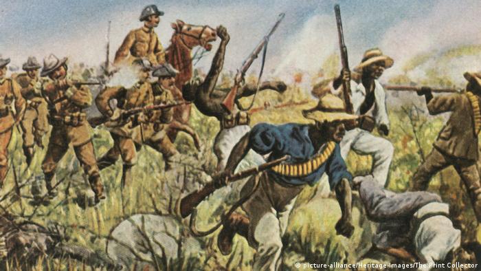 An illustration from 1904 entitled Captain Franke fighting the Hereros 