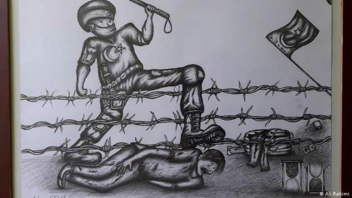 A drawing of a Turkish border guard beating an Afghan refugee. 