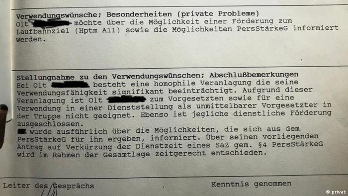 A 1988 Bundeswehr HR report advising against giving a soldier a position of authority due to his homosexuality (privat)