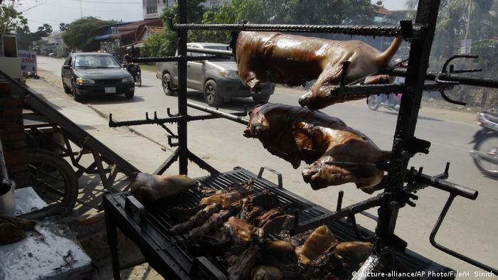 A roadside vendor's stall with dog mean on a grill and two large carcasses rotating on spits above. Archive image from 2017, taken in Phnom Penh. (picture-alliance/AP Photo/File/H. Sinith)