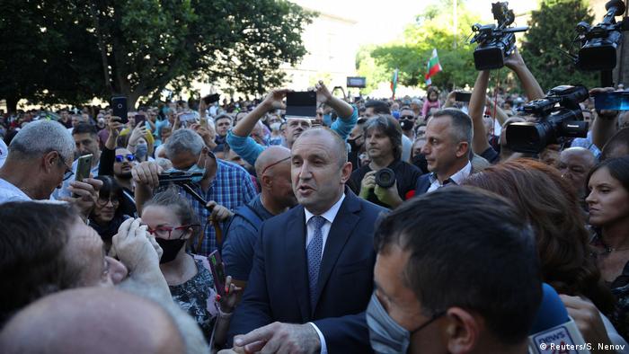 Bulgarian President Rumen Radev addresses demonstrators in Sofia 
