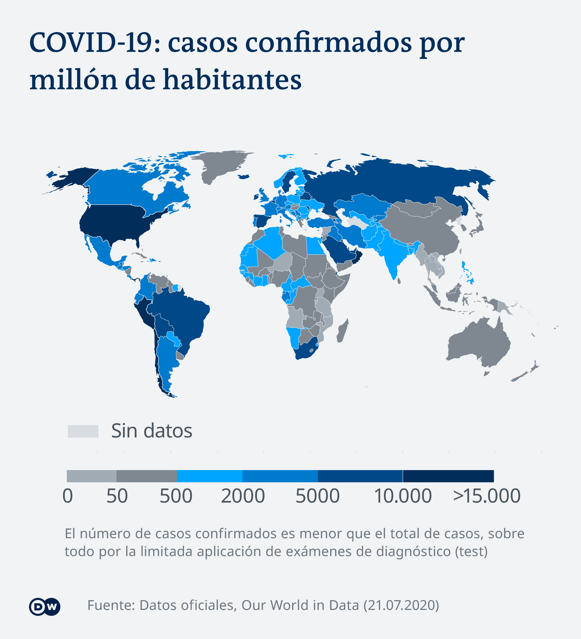 COVID-19: casos confirmados por millón de habitantes en el mundo (21.07.2020).