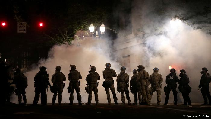 Us federal law enforcement officers deployed at a protest in Portland, Oregon
