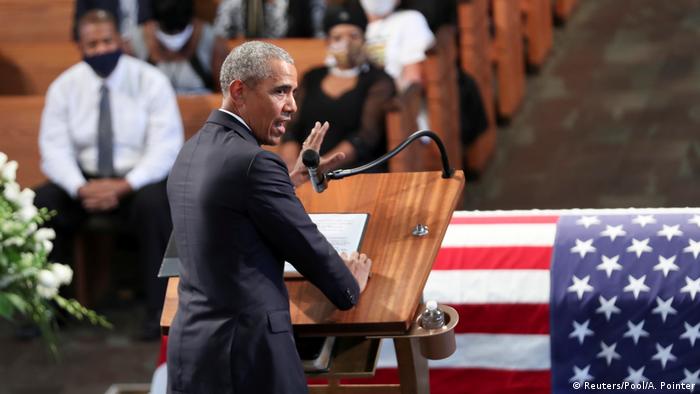 Former U.S. President Barack Obama addresses the service during the funeral of late U.S. Congressman John Lewis, a pioneer of the civil rights movement and long-time member of the U.S. House of Representatives who died July 17, at Ebeneezer Baptist Church in Atlanta, Georgia, U.S. July 30, 2020. (Reuters/Pool/A. Pointer)