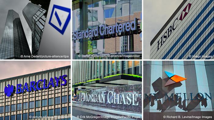 Logos for Deutsche Bank, Standard Chartered, HSBC, Barclayss, JP Morgan Chase, BNY Mellon