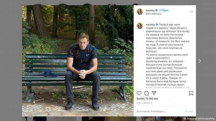 An Instagram post shared by Alexei Navalny shows him on a park bench after his release from a Berlin hospital